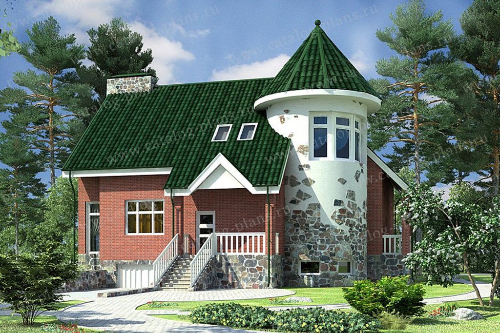 Проект дома с башней с зелёной крышей