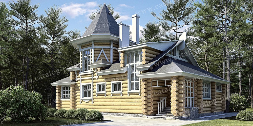 Проект 11-31, жилой дом, материал - бревно, количество этажей - 2, архитектурный стиль - русская усадьба, фундамент - сборный ж/б