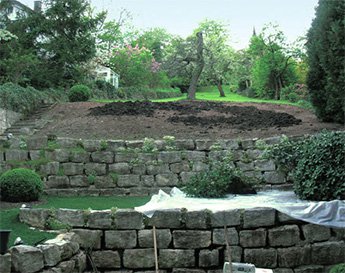 Сад, разделенный на секции с помощью подпорных стенок