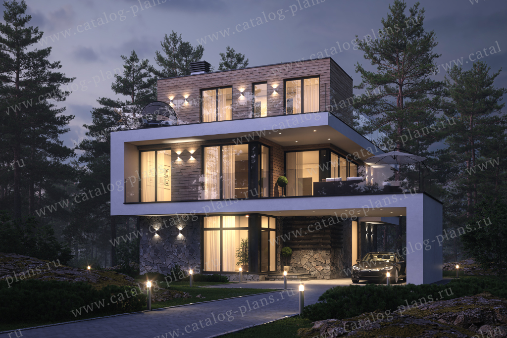 Проект 62-71XB, жилой дом, материал - монолитный ж/б каркас с заполнением газобетонными блоками 400, количество этажей - 3, архитектурный стиль - хай-тек, фундамент - свайно-ростверковый ж/б