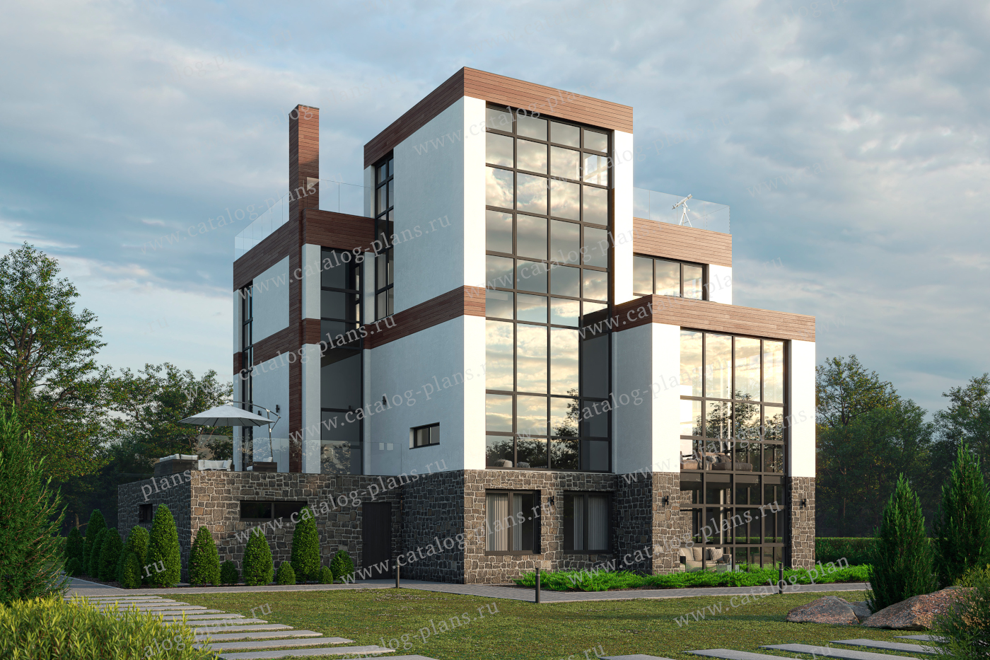Проект 40-94BGD, жилой дом, материал - газобетонные блоки 400, количество этажей - 3, архитектурный стиль - хай-тек, фундамент - монолитный ленточный ж/б